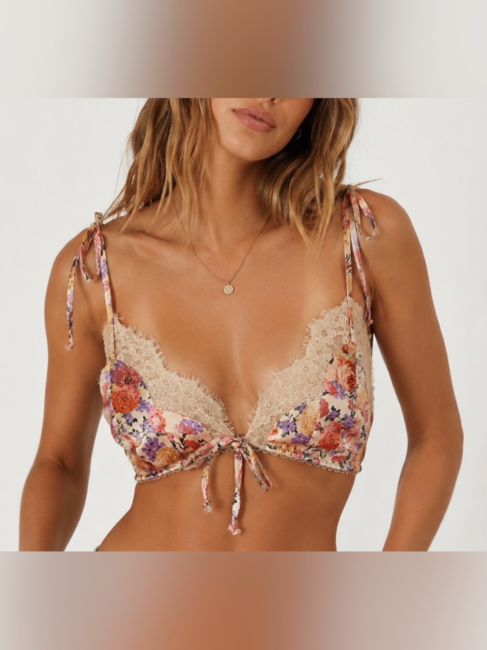 For Love & Lemons Pink Cream Floral Lace Ties Bralette Bra Top Pink Boho Cute XS
